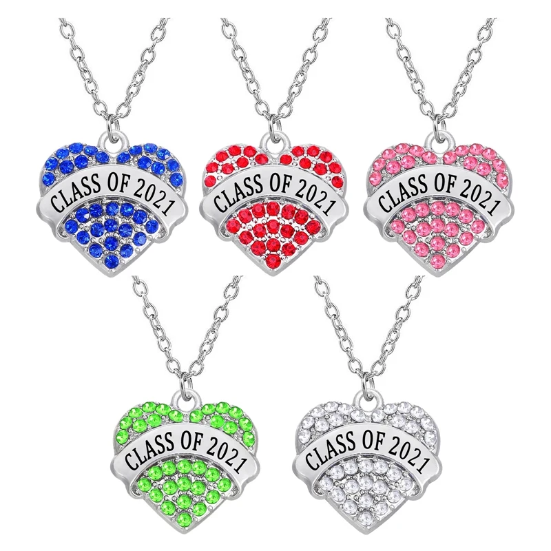 

HOT Student Graduation Gift Jewelry Colorful Rhinestone Crystal Inlay CLASS OF 2021 Heart Pendant Necklace
