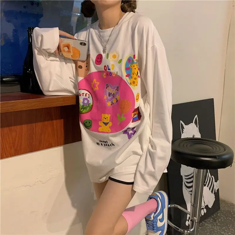 

Deeptown Japanese Style White Long Sleeve T-shirts Women Kawaii Cute Cartoon Print Tees Harajuku Streetwear Oversized Loose Tops