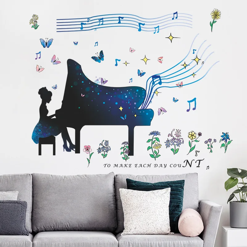 

Самоклеящиеся наклейки на стену из ПВХ с изображением девушки пианино и цветов для детского сада, украшение для дома, Настенный декор, аксес...
