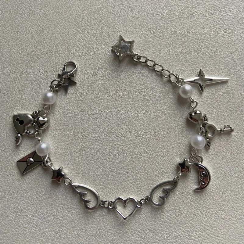 Y2K Модный милый авангардный хромированный браслет дружбы с крыльями и сердцем