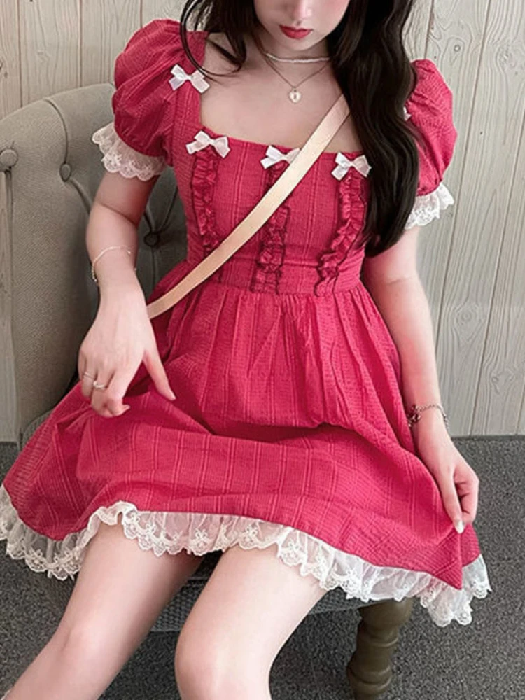 

Милое розовое платье HOUZHOU Kawaii, кружевное лоскутное платье с бантом, пышными рукавами и квадратным воротником, сказочные платья, корейская мо...