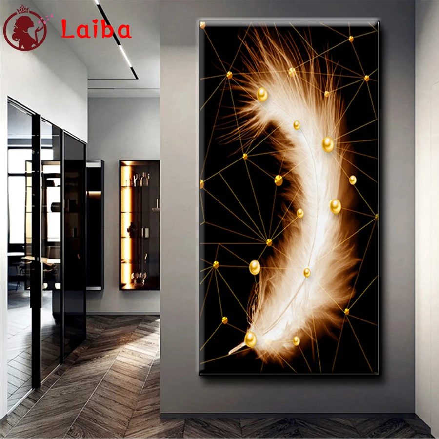 

Алмазная вышивка, Современное абстрактное искусство, Золотое перо, алмазная живопись, полная квадратная, Круглая Мозаика, вышивка крестиком, настенное искусство