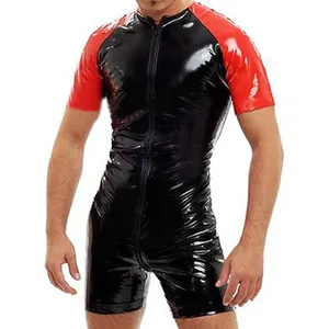 Sexy Costumes Men's PVC bright leather jumpsuit sexy slim catsuit