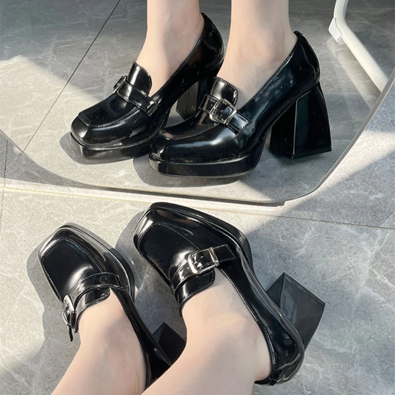 Black Heels Platform Loafers Heel Leather Shoes Women Vintage Chunky Heeled Mary Janes Japanese Lolita Y2k Shoes Slip On Pumps
