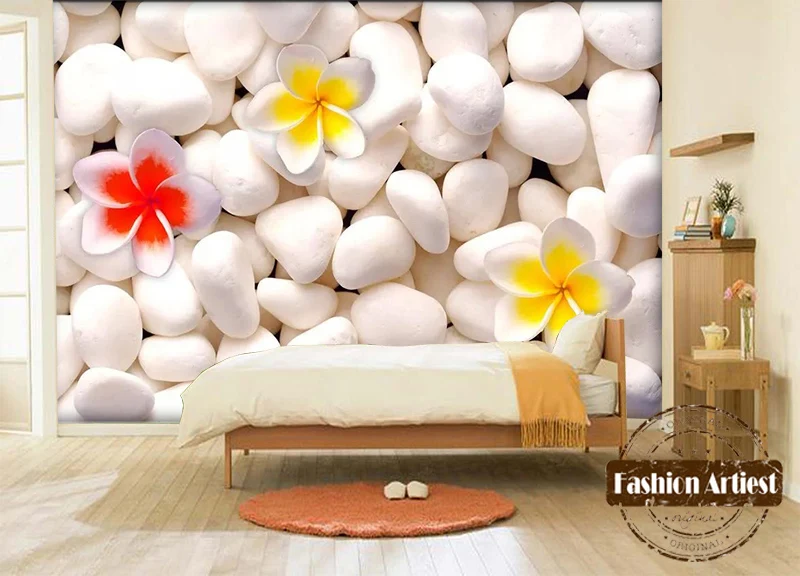 

Custom 3d Floral Wallpaper Mural Frangipani Flower White Stone Rock Wall Sofa Bedroom Living Room Cafe Bar Restaurant Background