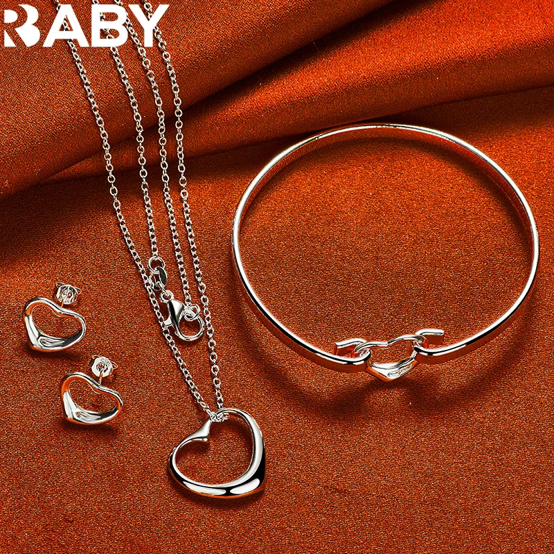 

925 Sterling Silver Heart Bangle Bracelet Earrings Necklace For Women Jewelry Set Fashion Party Wedding Romantic Accessories
