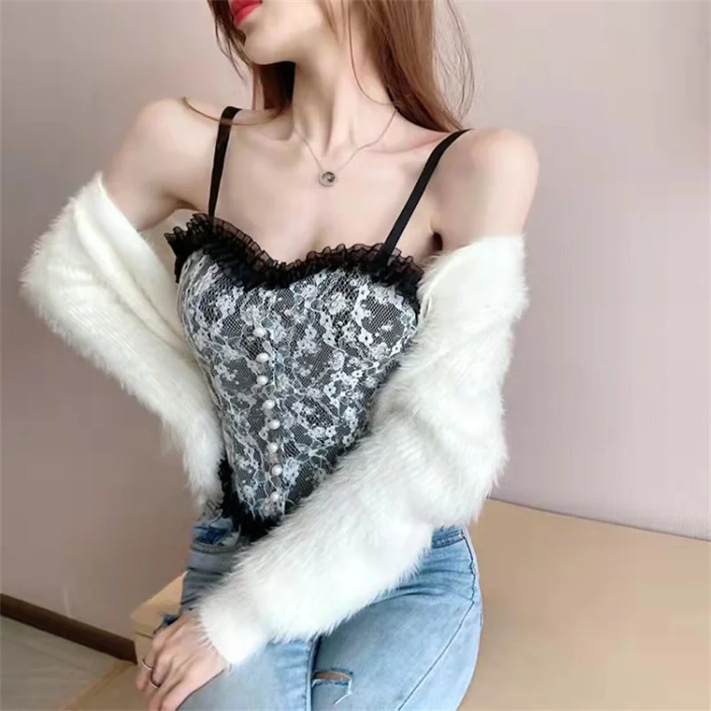 

Summer French Print Lace Cami Crop Tank Top Vintage Camisole For Women Girls Elegant Slim Short Tanks Ins Outerwear Street Style