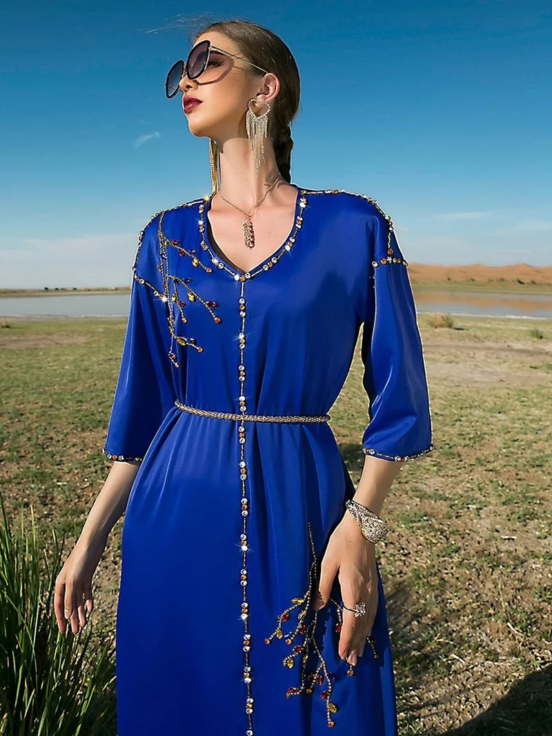 Hand Sewn Rhinestone Arabic Evening Long Dress Moroccan Party Caftan Dubai Saudi Gulf Jalabiya Muslim Eid Ramadan Abaya Kaftan