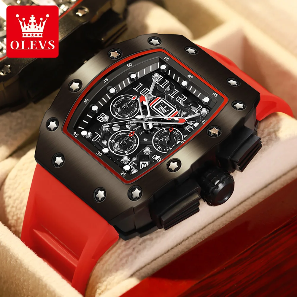 

OLEVS Men's Watch Tonneau Wristwatch Quartz Hollow Out Watches Waterproof Stylish Design with Silicone Strap Relógio masculino