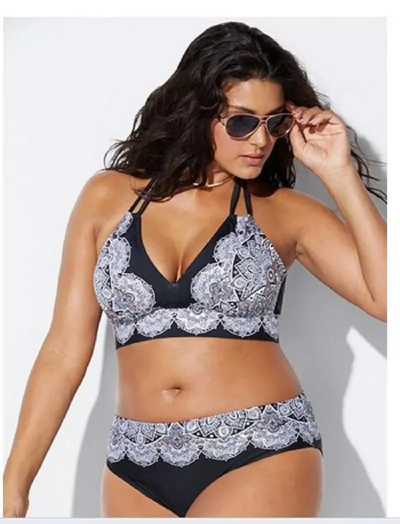 

2022 Swimwear High Waisted Two Piece Plus Size Large Size Plus Fat Printed Swimsuit Women Back Chalaza Bikini Beach Bathing Suit