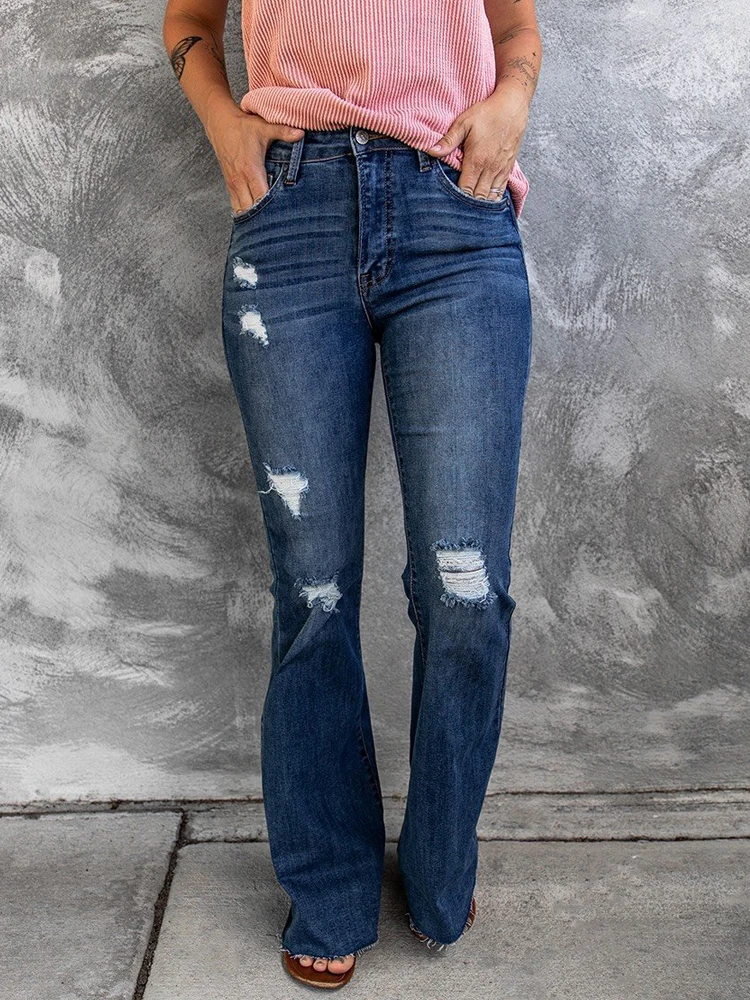 

Casual Women Bell Bottom Jeans Elastic Waist Ripped Distressed Wide Leg Flared Jean Destroyed Raw Hem Denim Pants