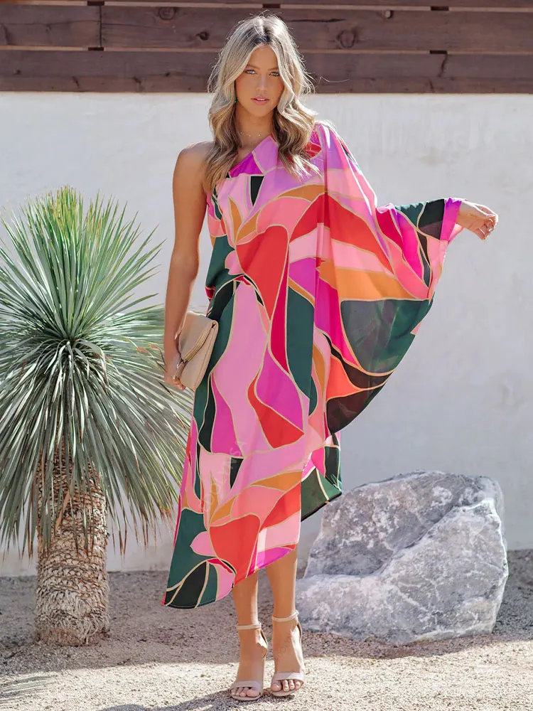 

2022 Boho Printe Dress Women One Shoulder Caftan Robes Asymmetrical Clothes Summer Beach Swim Wear Bohemia Cover Up