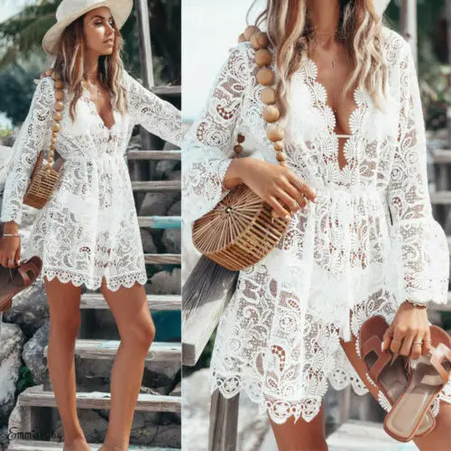 

2022 New Summer Women Bikini Cover Up Floral Lace Hollow Crochet Swimsuit Cover-Ups Bathing Suit Beachwear Tunic Beach Dress Hot