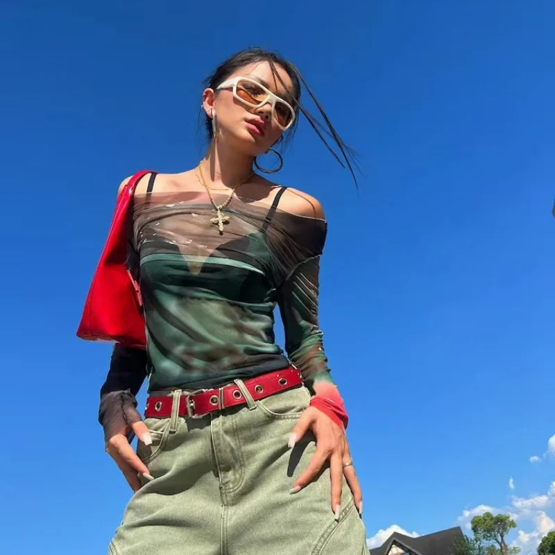 

Fashion Print Mesh Slash Neck T-Shirts Women Harajuku Y2k Long Sleeve Slim Streetwear Top Sexy Off Shoulder Backless Tees Tops