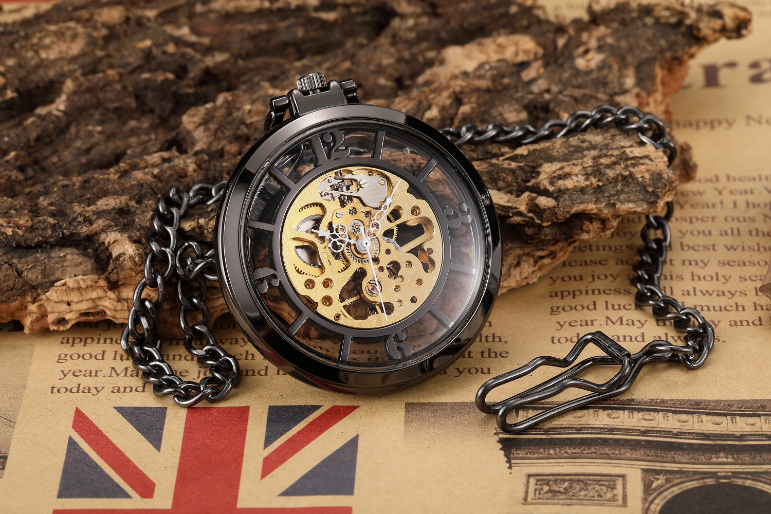 Luxury Black Pocket Watch Vintage Hand-WInd Mechanical Steampunk Men Watches Roman Numerals Clock With Fob Chain Reloj Hombre