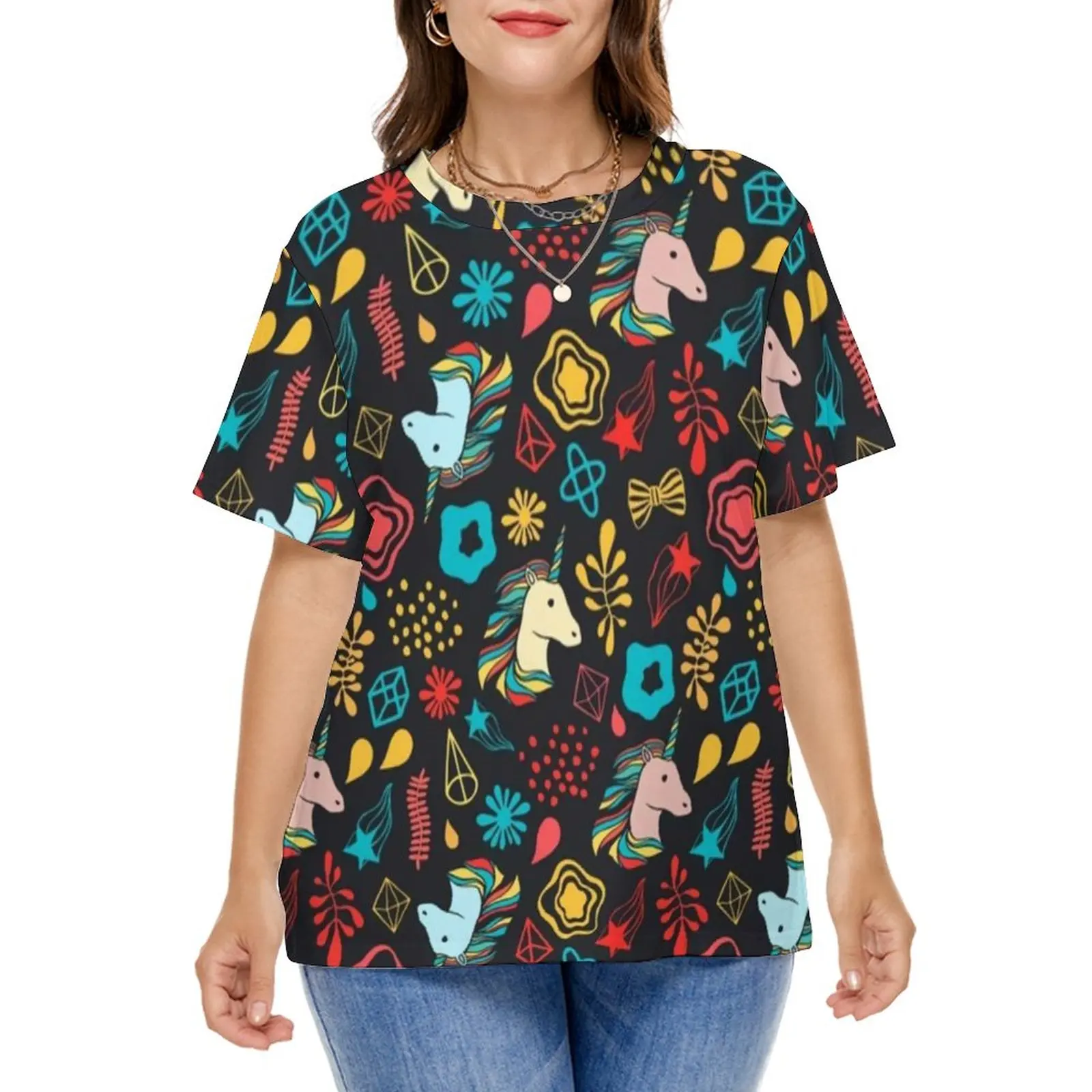 Unicorn Party T Shirt Cartoon Flowers Print Modern T-Shirts Short Sleeve Street Style Tshirt Beach Casual Top Tees Plus Size 5XL