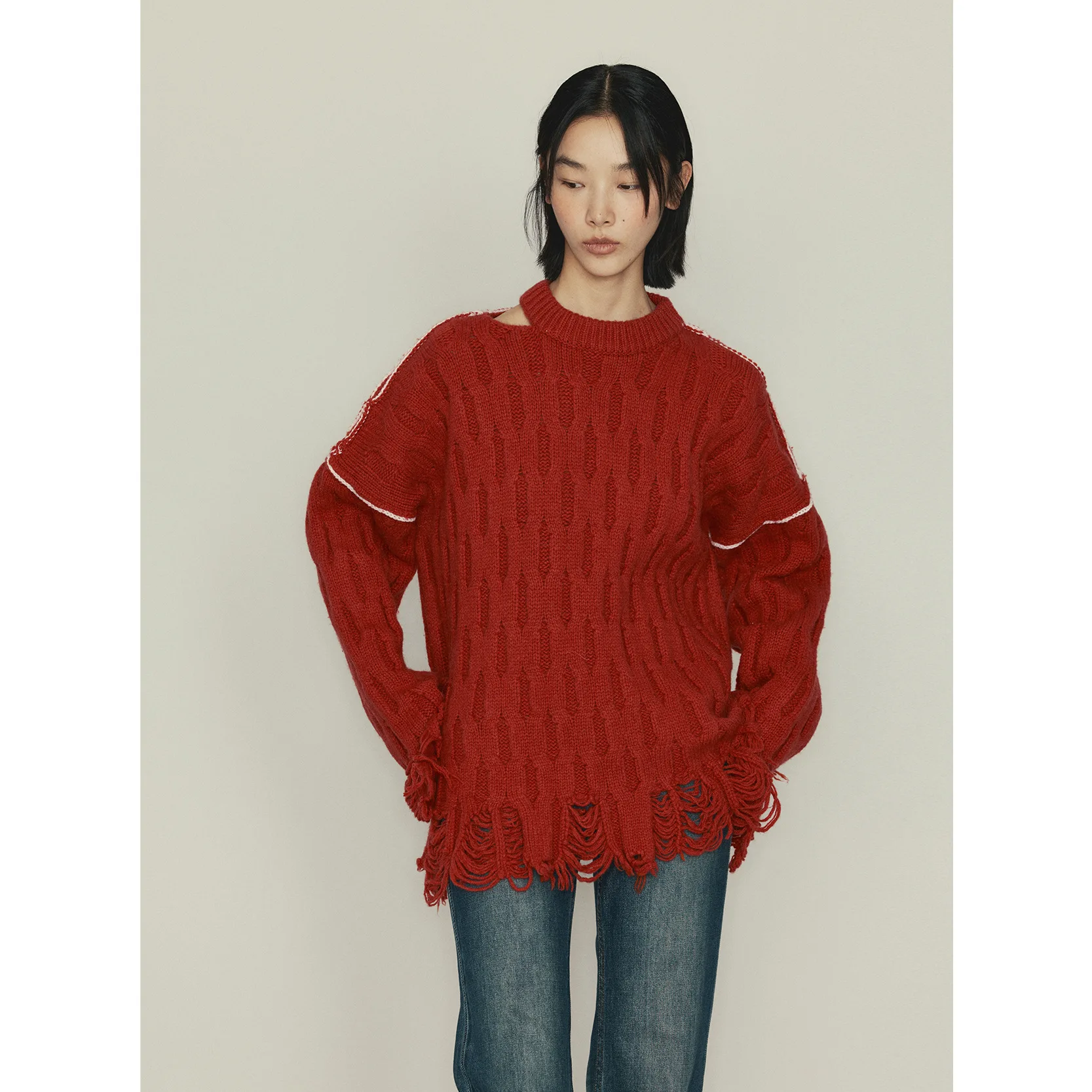 

Новое поступление 2023, высококачественный шерстяной Свободный вязаный свитер с открытыми плечами, круглым вырезом и длинным рукавом для женщин