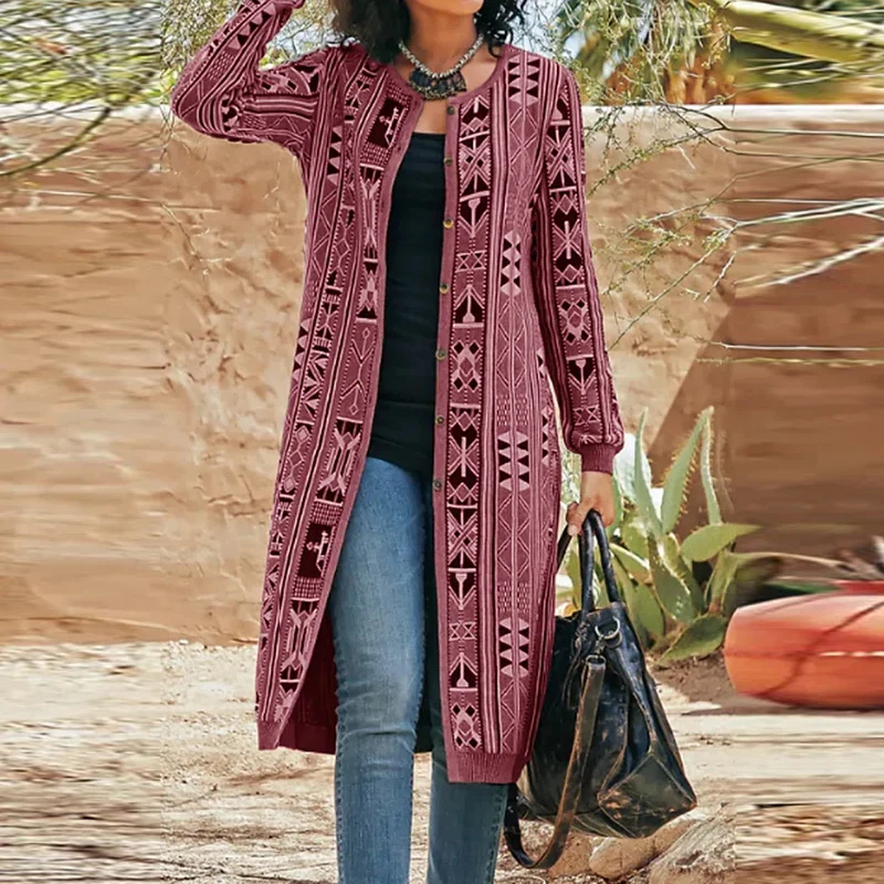 

Elegant O-neck Single Breasted Coat Fall Fashion Geometric Print Loose Cardigan Tops Winter Women Casual Long Sleeve Long Jacket