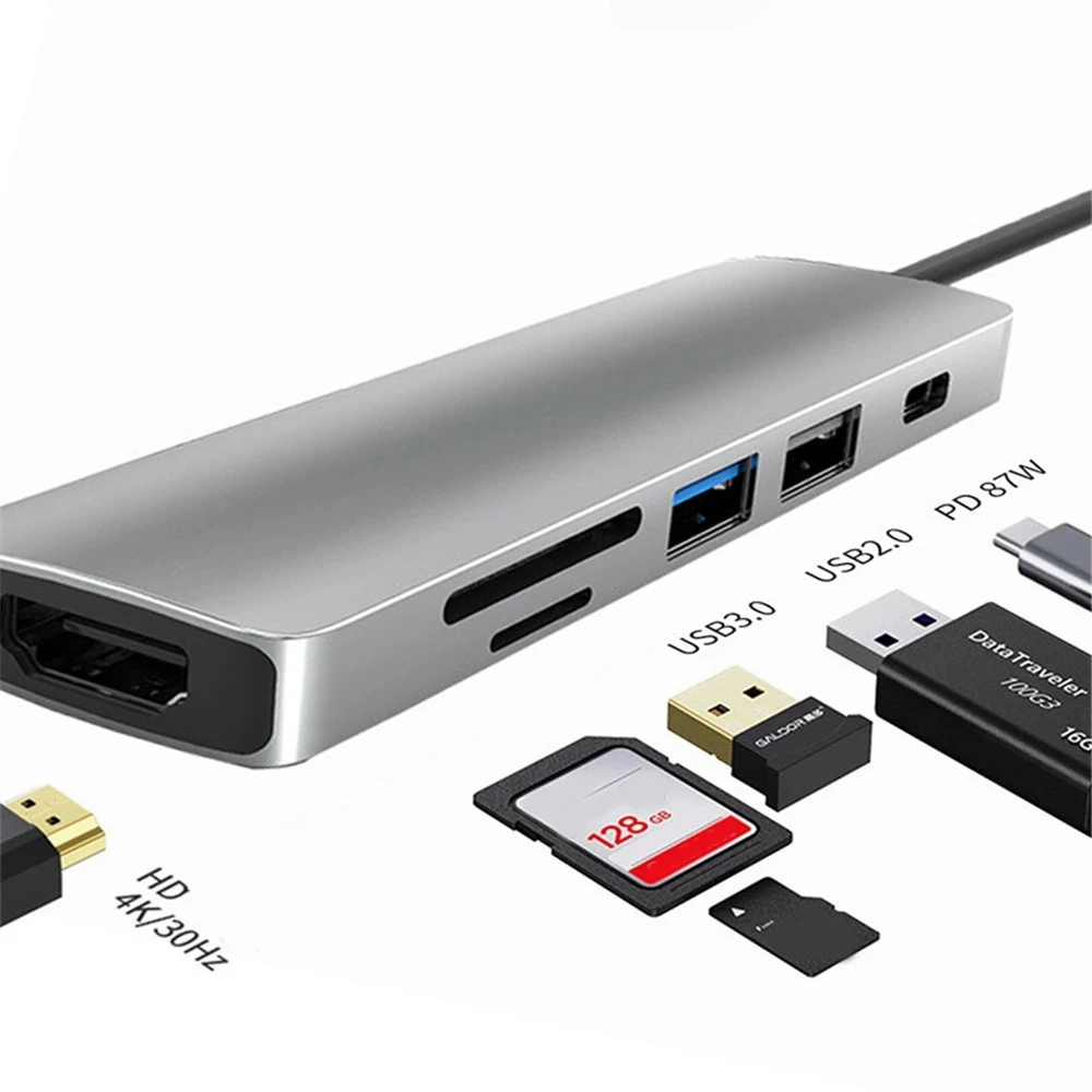 

Kebidu 6 в 1 концентратор USB Type C адаптер с 4K 30Hz HDMI-совместимый многопортовый кардридер USB3.0 TF PD видео мульти Порты адаптер