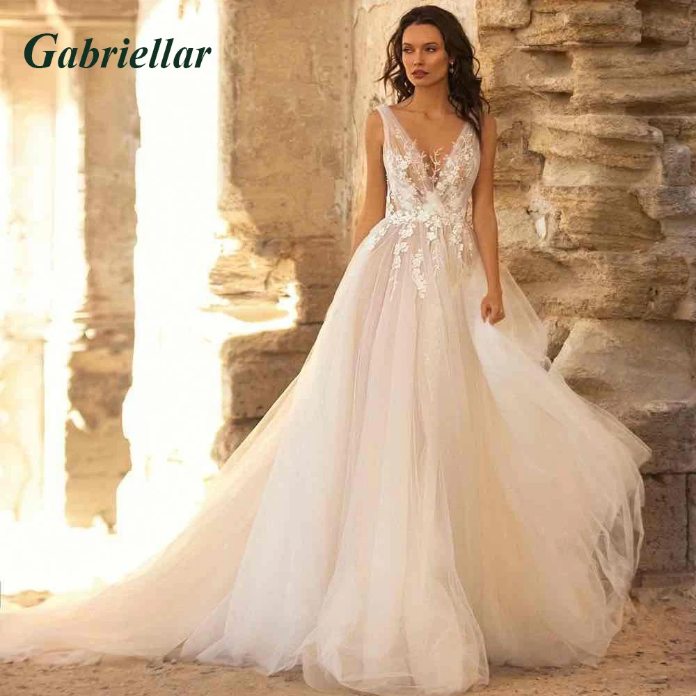 

Gabriellar Chic A-line Wedding Dress Floral Appliques V-Neck Tulle Sleeveless Backless Court Train Abito Da Sposa Made To Order