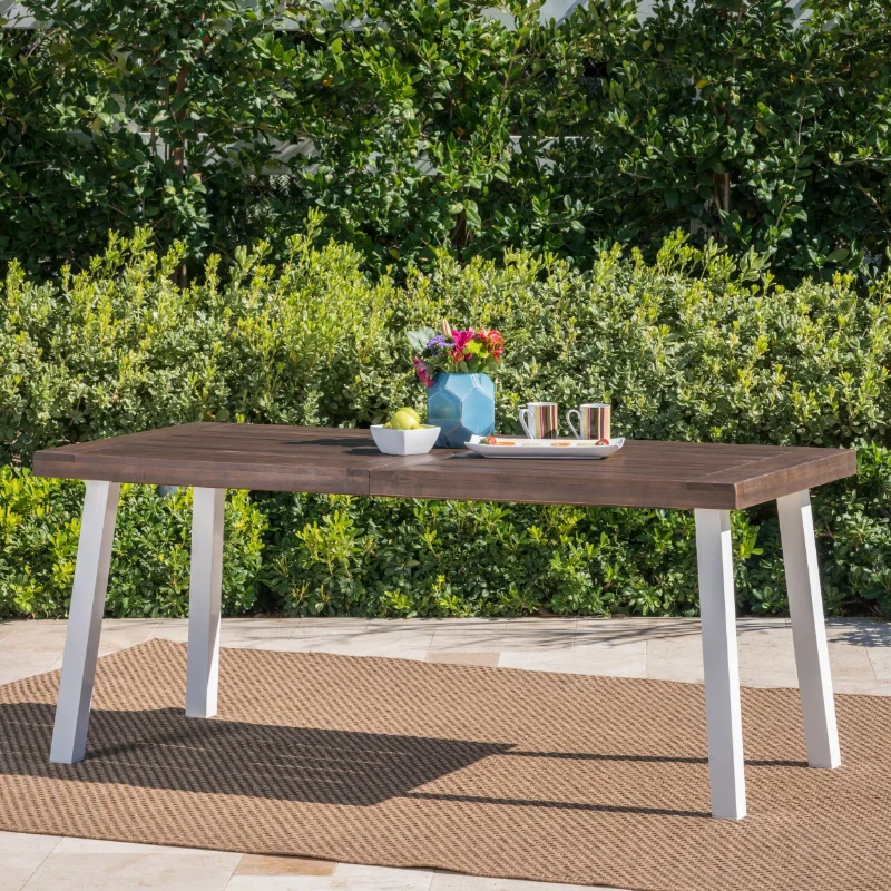 

Elaina Outdoor Acacia Wood Dining Table with Metal Legs, Dark Brown, White Rustic Metal