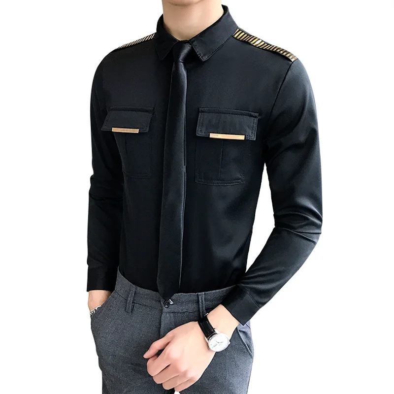 Sequins Epaulettes Shirts for Men 2022 Long Sleeve Casual Slim Fit Shirt Streetwear Social Nightclub Tuxedo Blouse Men Clothing
