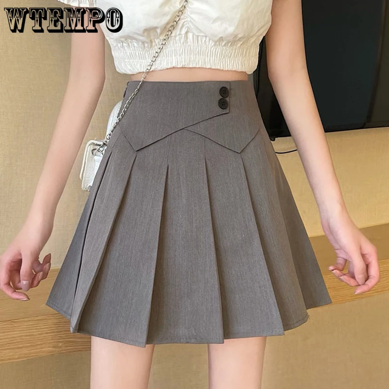 

Женская мини-юбка с высокой талией WTEMPO, модная Корейская уличная плиссированная юбка, Летние черные и серые повседневные трапециевидные короткие юбки для девушек