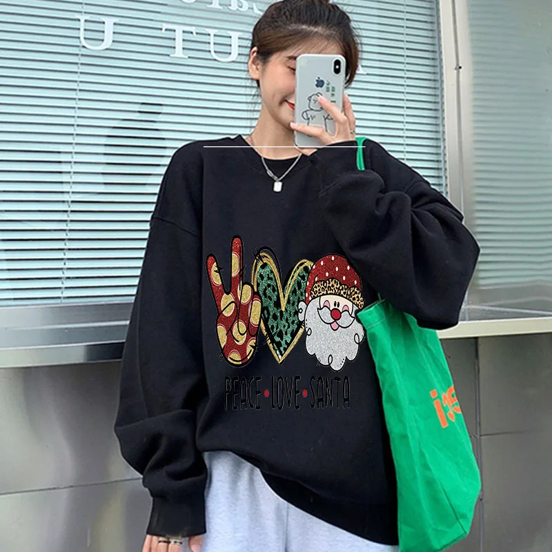 

New Women Christmas Hoodies Heart Print Sweatshirts Gothic Retro Casual Fashion Long-sleeve O-neck Pullover Y2k Winter Clothes
