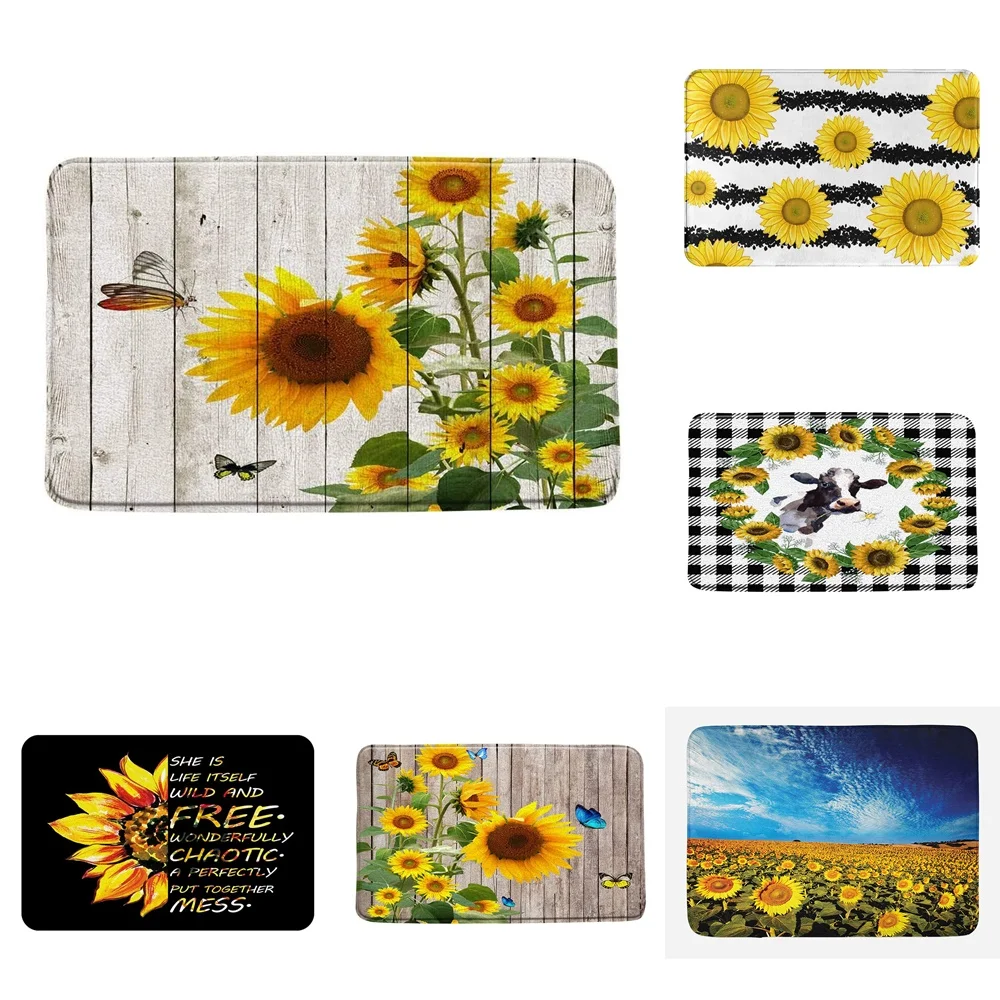 

Rustic Sunflower Bath Mats Yellow Flower Butterfly Wooden Barn Door Vintage Farmhouse Floral Bathroom Rug Bedroom Kitchen Carpet