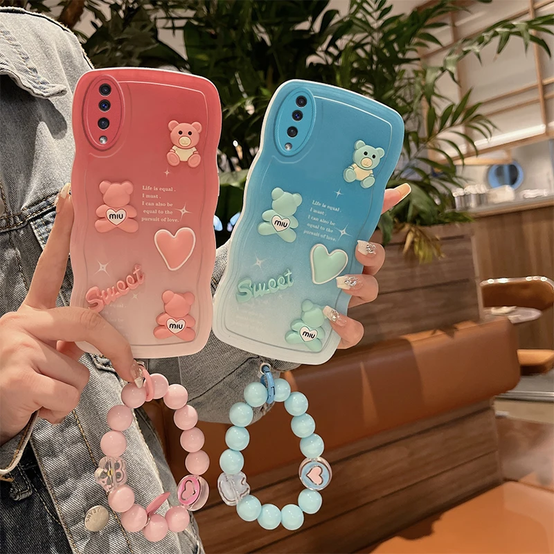 

3D Fashion Luxury Bear Doll Cartoon Phone Holder Silicon Phone Case For Samsung Galaxy A50s A50 50s Wristband Stand Back Cover