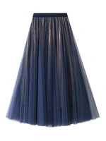 new women layers tulle skirts fashion elegant elastic high waist casual pleated midi skirt a line mesh female streetwear solid