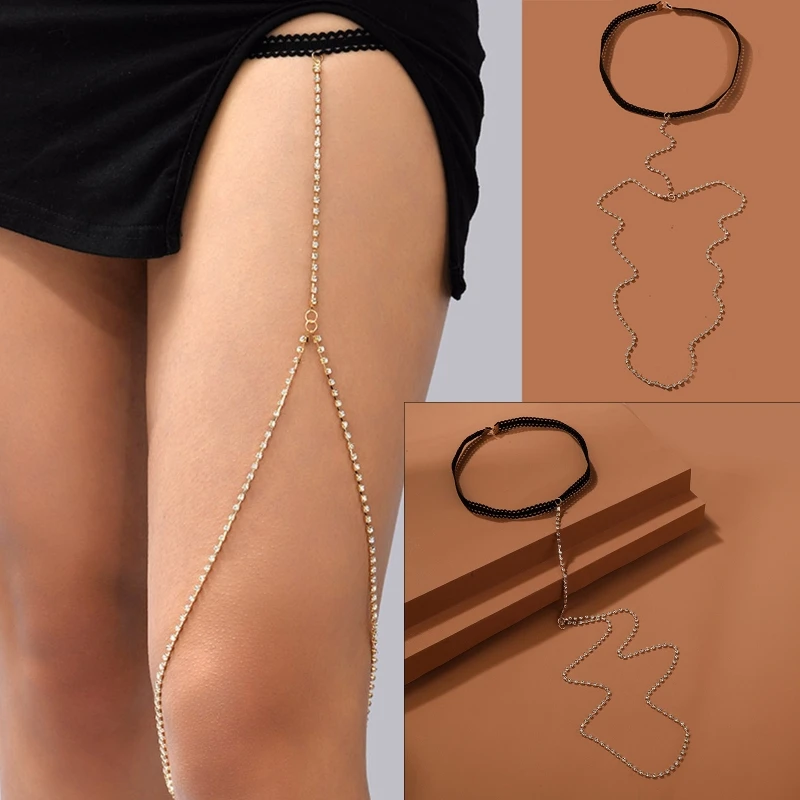 

H9ED Goth Leg Chain Punk Leg Belt Dangle Rhinestone Thigh Chain Party Chain for Girl