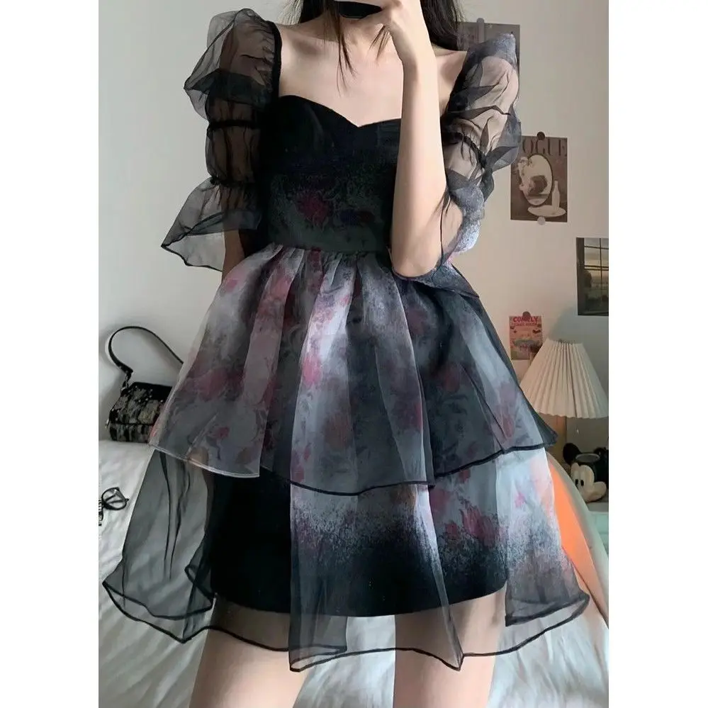 

Original Hand Painted Graffiti Splashing Ink Women Black Dress 2022 Summer New Niche Temperament Cake Skirt Women