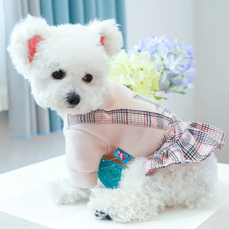 Pet Plaid Skirt Small Dogs Autumn Clothes Puppy Teddy Bichon Winter Dress Bear Embroidered Clothing XS-XL