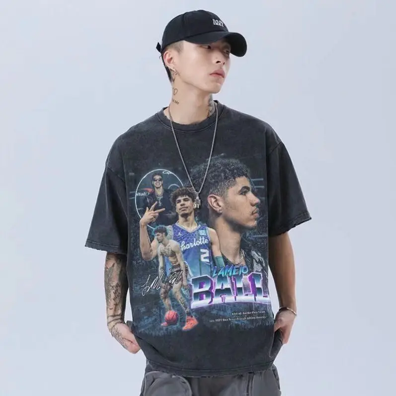 

2023 летняя футболка с принтом в стиле американской Хай-стрит, одежда для баскетбола, ретро-футболка из мытого хлопка с коротким рукавом для мужчин