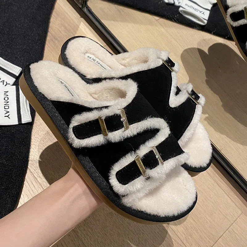 

Fashion Home Slippers Warm Women Sandals Fur 2022 Winter Casual Outside Round Toe Female Rubber Shoes Designer Slides Furry Flat