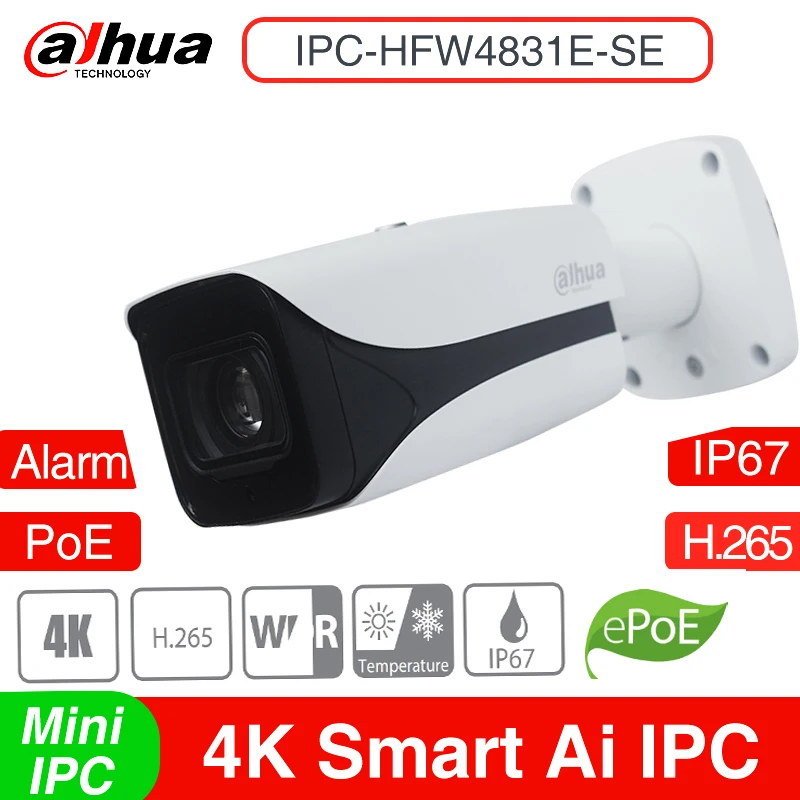 

Dahua IPC-HFW4831E-SE 4K WDR 8MP H.265 IR 40M Mini Bullet Network PoE Security IP Camera IP67 Built in Mic SD Card Slot ePoE