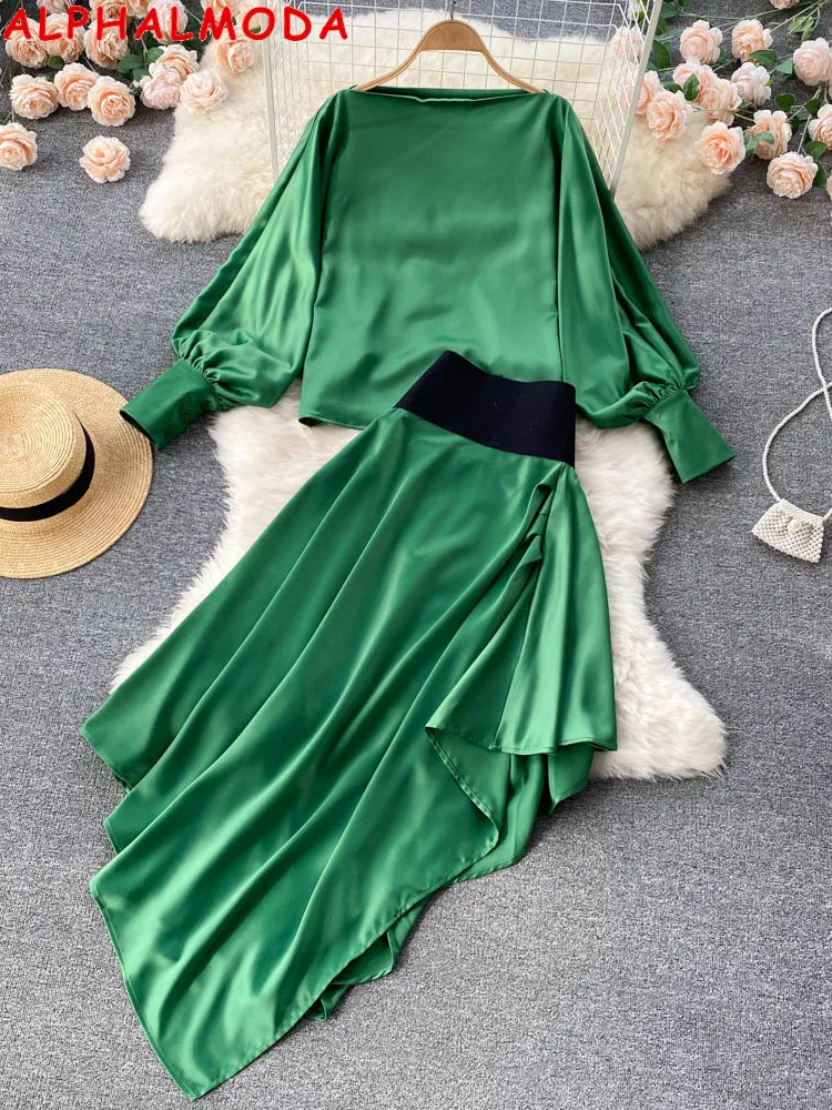

ALPHALMODA 2022 New Off-shoulder Lantern Sleeve Loose Blouse Top + Irregular Ruffled Skirt Women 2pcs Fashion Suits