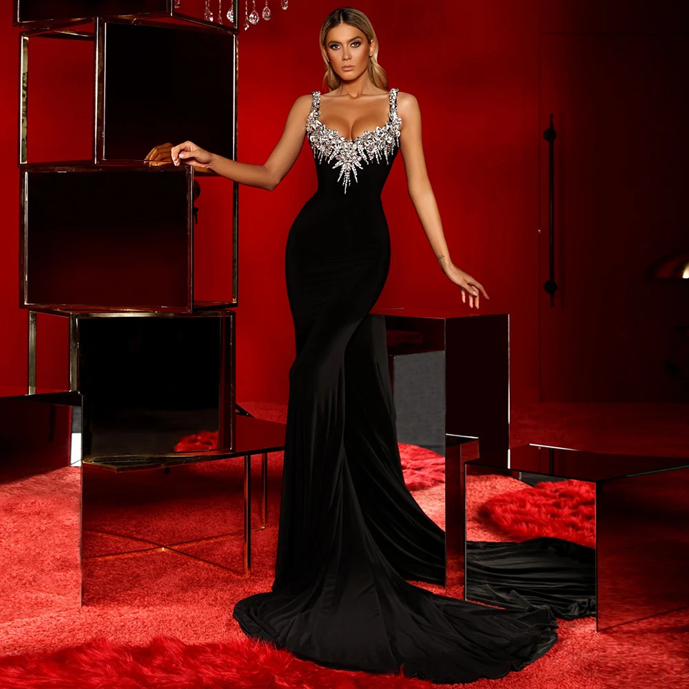 

Женское вечернее платье-русалка, черное облегающее платье без рукавов, расшитое бисером, с блестками и V-образным вырезом, для выпускного вечера, индивидуальный пошив