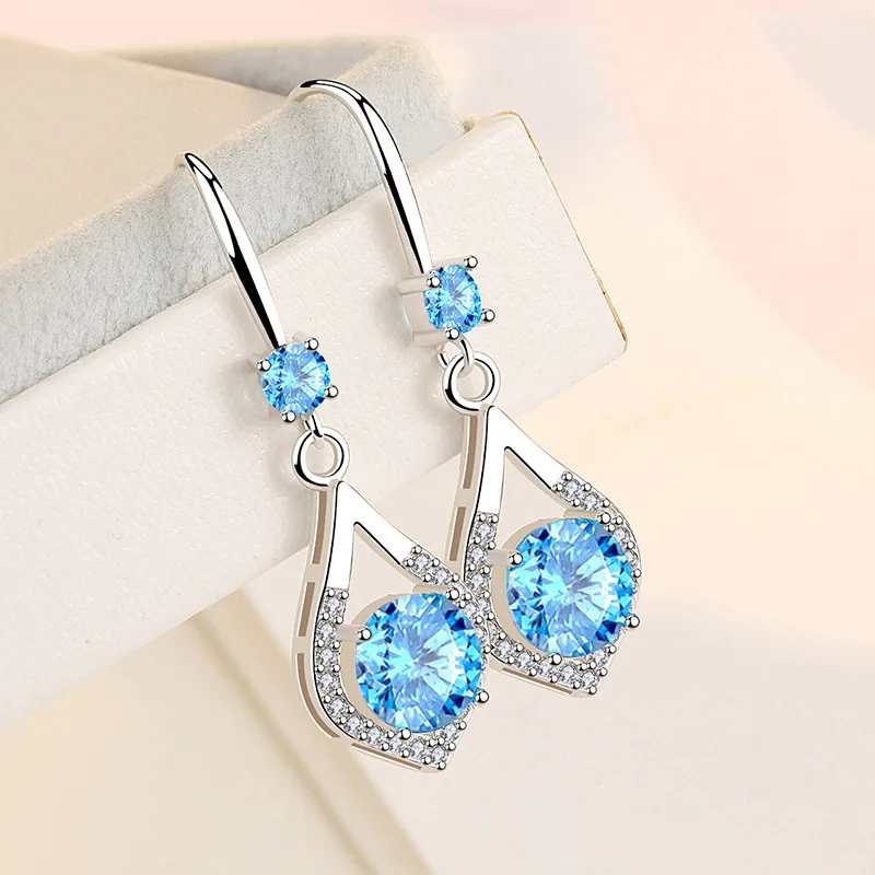 

Water Drop Dangle Earrings For Women Fashion Elegant Geometric Round Pink Blue Zirconia Earrings Wedding Party Women's Jewelry