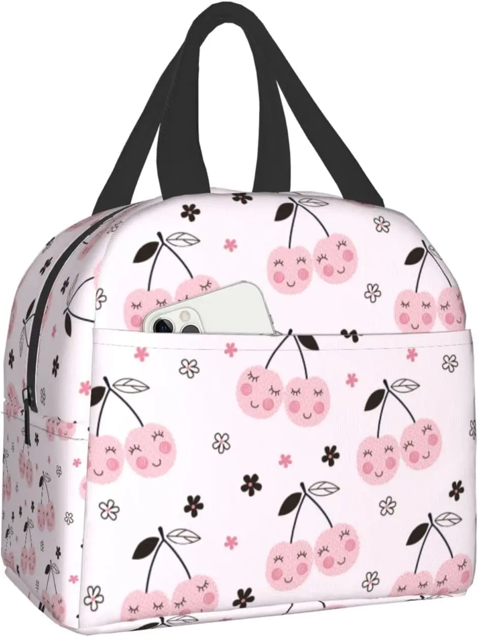 

Cherries Kawaii Pink Lunch Box Bento Travel Bag Picnic Tote Boxes Insulated Durable Container Bag Reusable Waterproof Bag