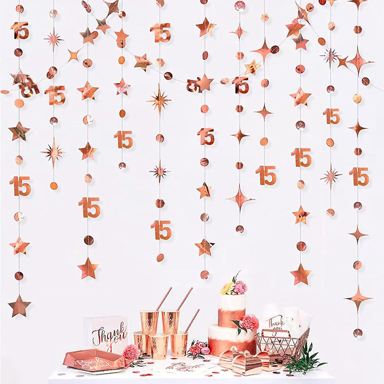 

Rose Gold Girls Sweet 16 15th 30th Birthday Banner Circle Dot Twinkle Star Garlands Hanging Streamer Happy Birthday Decorations