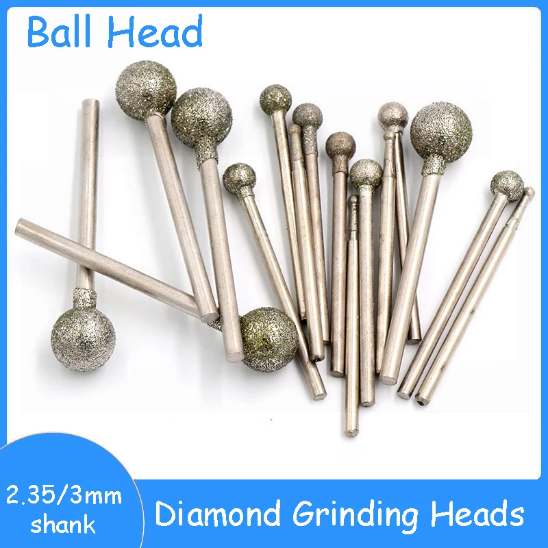 

5/10 шт. 0,5 мм-12 мм шариковая круглая алмазная шлифовальная головка с хвостовиком 2,35/3 мм F-образная сферическая алмазная шлифовальная головка