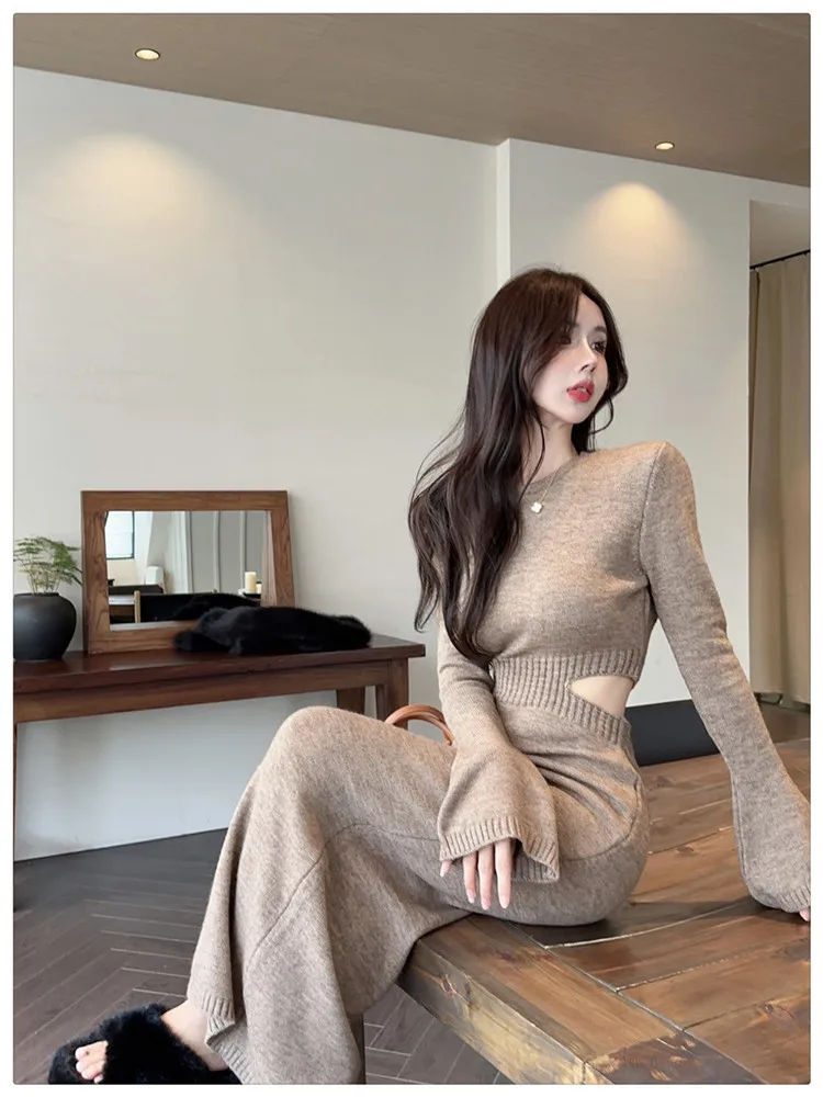 Новое осеннее модное сексуальное вязаное платье с открытой талией женское цвета