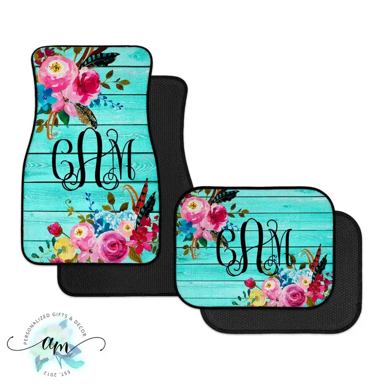 

Personalized Aqua and Pink Floral Car Mats, Auto Floor Mats