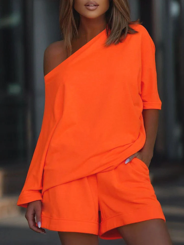 

Mandylandy Women Elegant Autumn Tracksuit Outfits Two Piece Set One Shoulder Loose Shirt Top + Shorts Suit Set Streetwear
