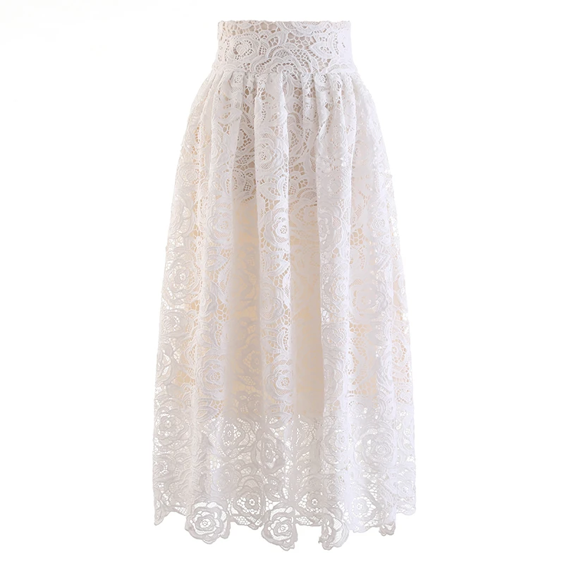 

PHOEBE HZ Handmade Lace Midi Halfd-body Skirt 2023 Early Autumn Tight Waist Full Hemline Sweet Gentle Delicacy A Line Skirt Girl