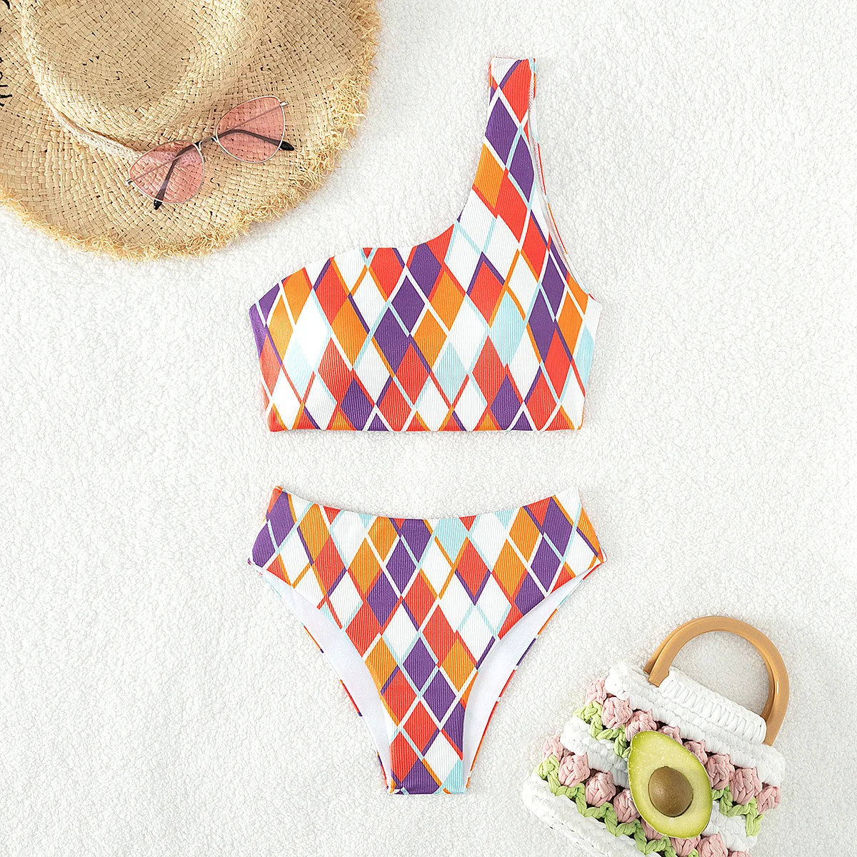 

New One Shoulder Multi-color Print Sexy Bikini Swimsuit Two Piece Set Bathing Suit Beachwear Burkini Mujer Biquine Brasileiro