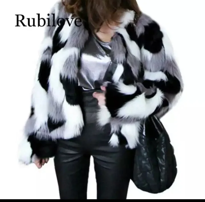 Women's Fur Jacket Winter Imitation Fur Coat Loose O-neck Short Mixed Color Coat Faux Fur Coat