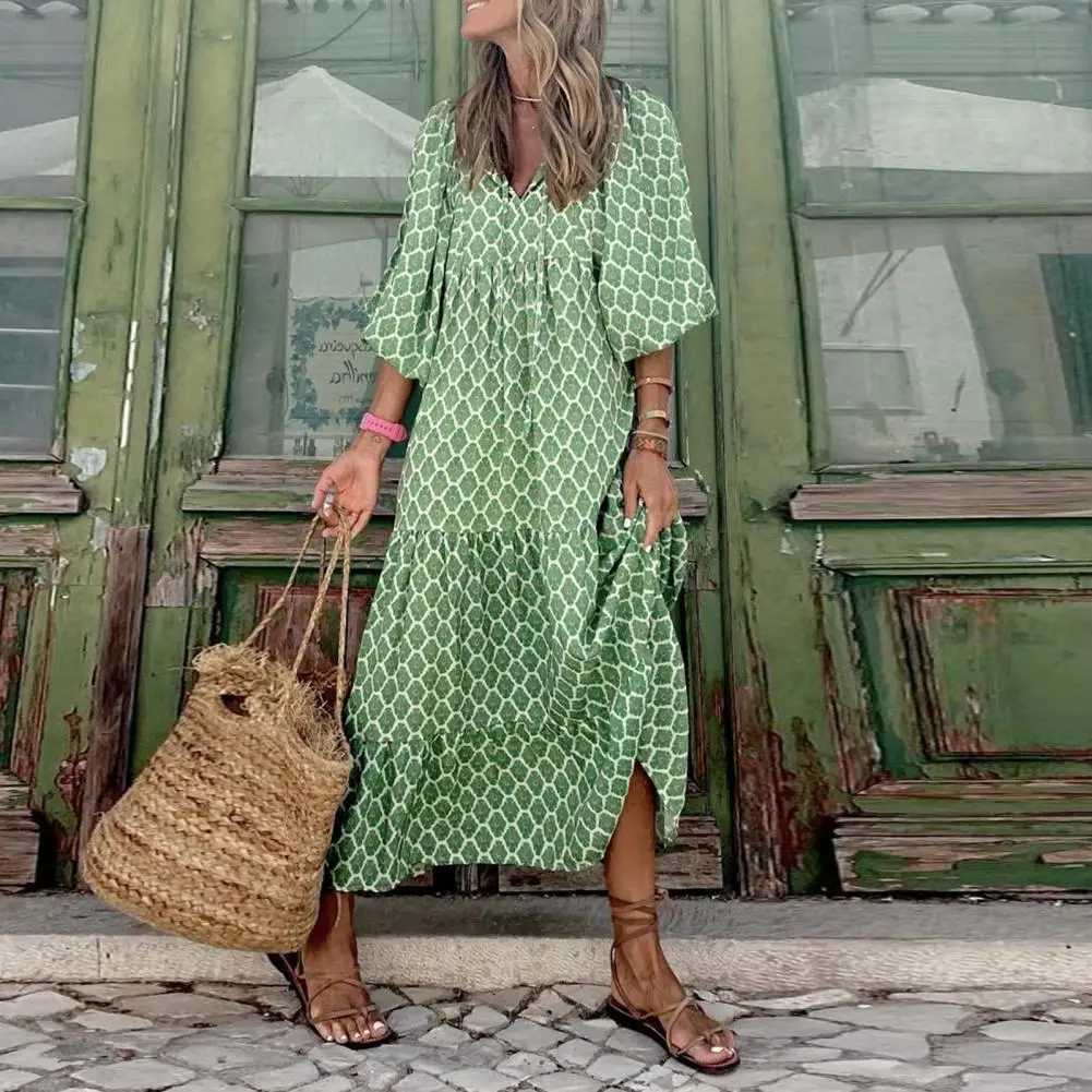 

Women Boho Maxi Dress Fashion Lantern Sleeve V Neck Printing Long Dress Summer Holiday Female Ankle-length Party Dress
